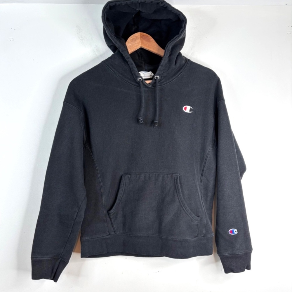 Champion Reverse Weave Hoodie M Black Pullover Sweatshirt Logo Pocket Basic